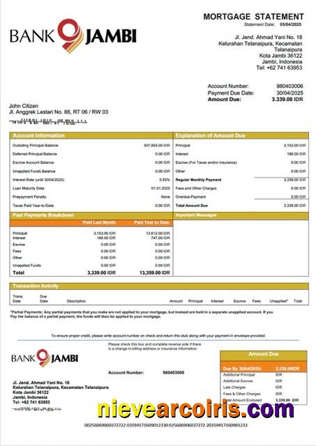 Indonesia Bank Jambi mortgage statement Word and PDF template